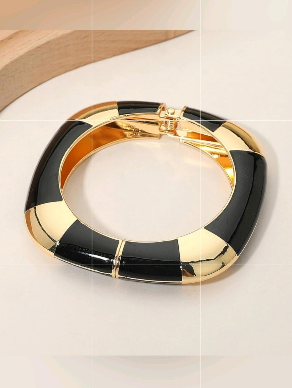 Black Gold Square Hinged Geometric Modern Bangle Bracelet Jewelry Enamel